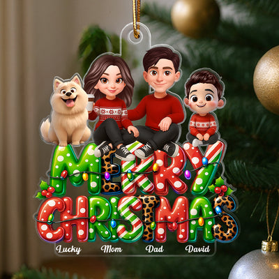 Merry Christmas 2025 Family Sitting on Text Personalized Acrylic Ornament, Christmas Gift for Husband, Wife, Kid