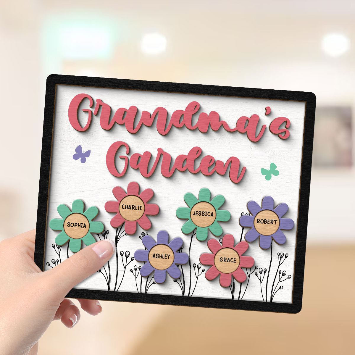 Grandma Mom Garden Colorful Flowers Personalized 2-layer Wooden Plaque