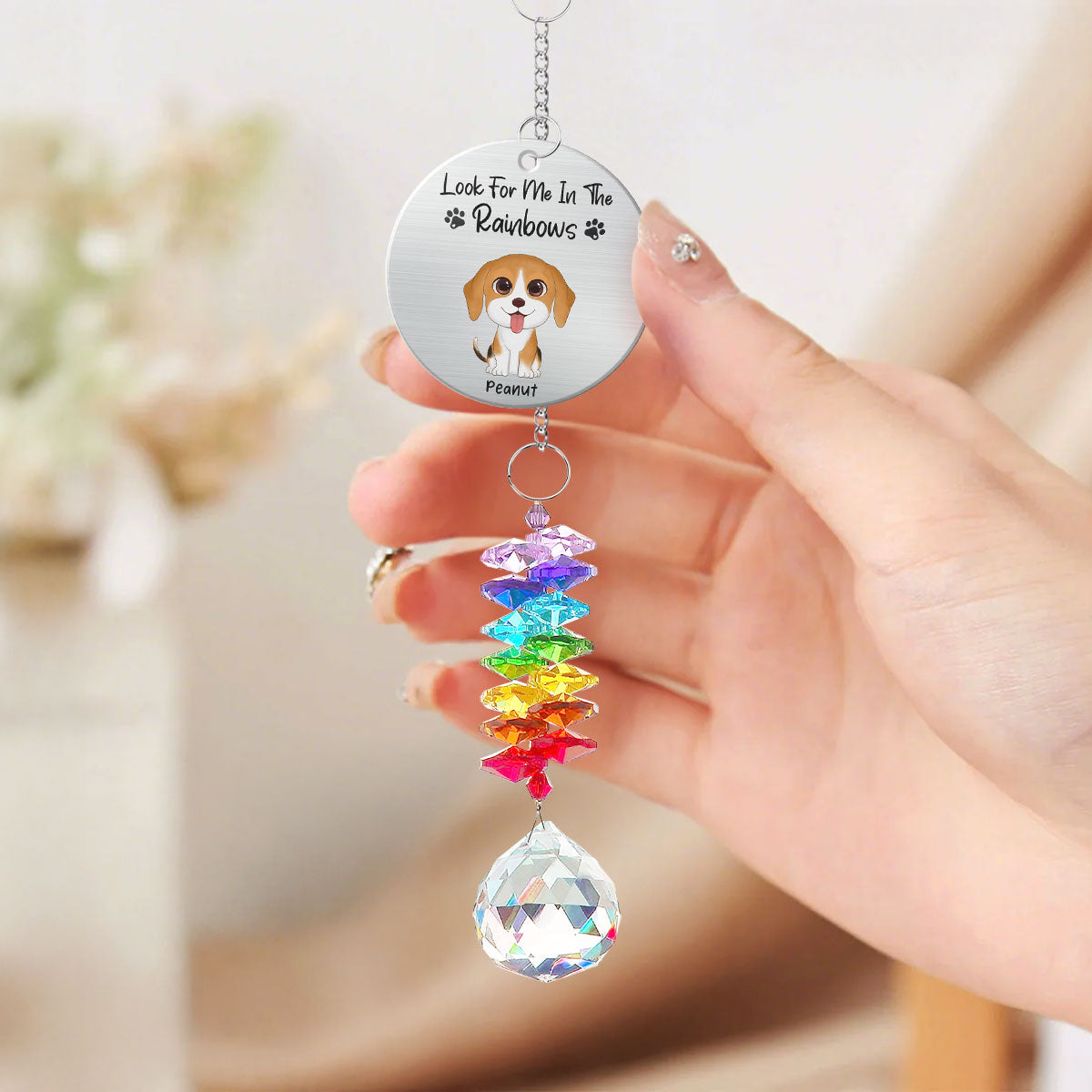 Dog Pet Memorial Look For Me In The Rainbows Personalized Crystal Suncatcher With Aluminum Charm