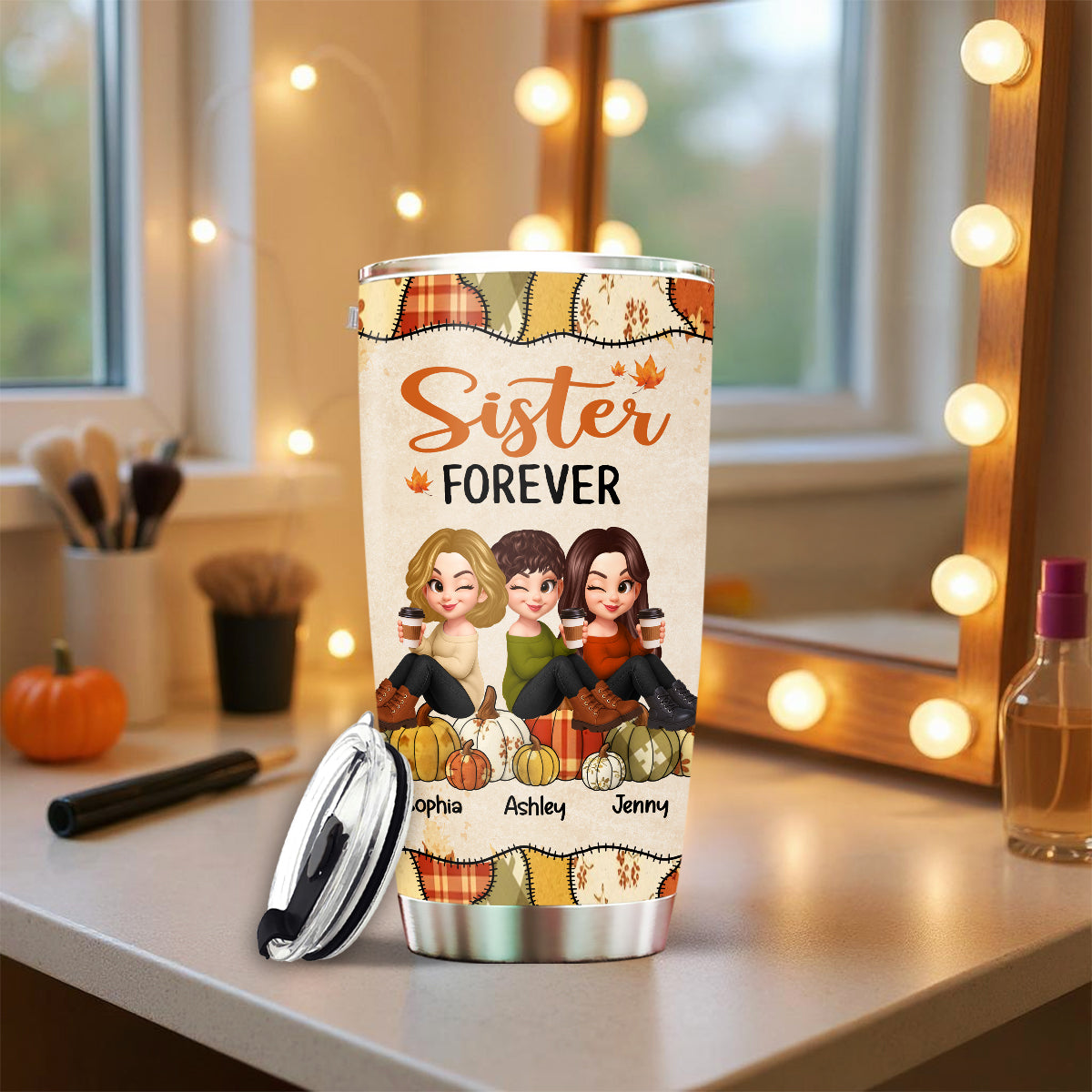 Besties Sisters Sitting On Pumpkin Preppy Floral Fall Season Personalized Tumbler