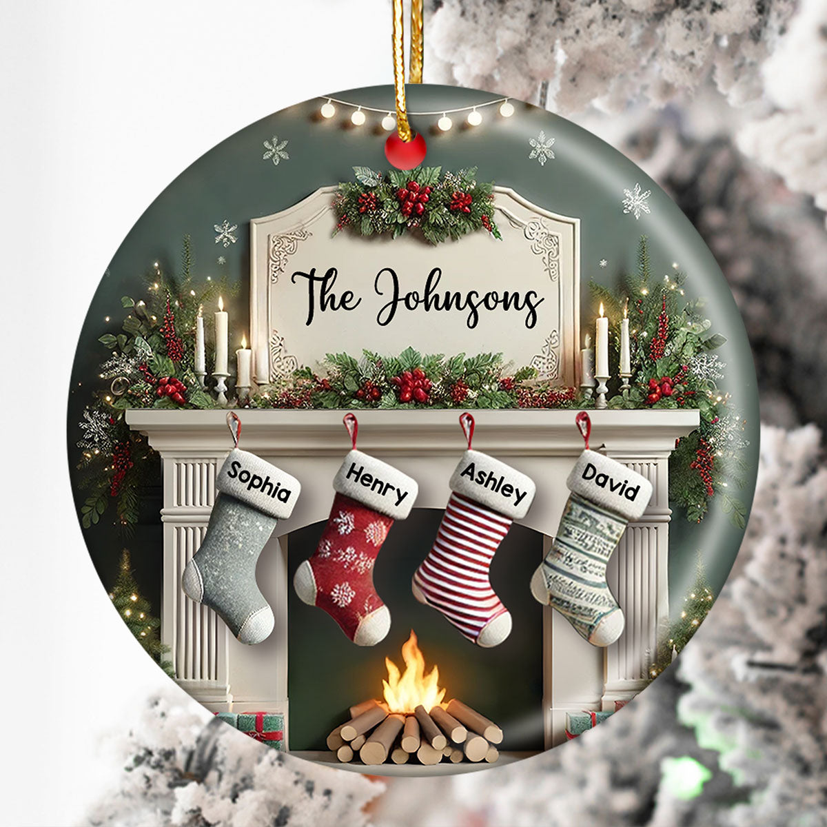 Family Christmas Fireplace With Stockings Personalized Ceramic Ornament
