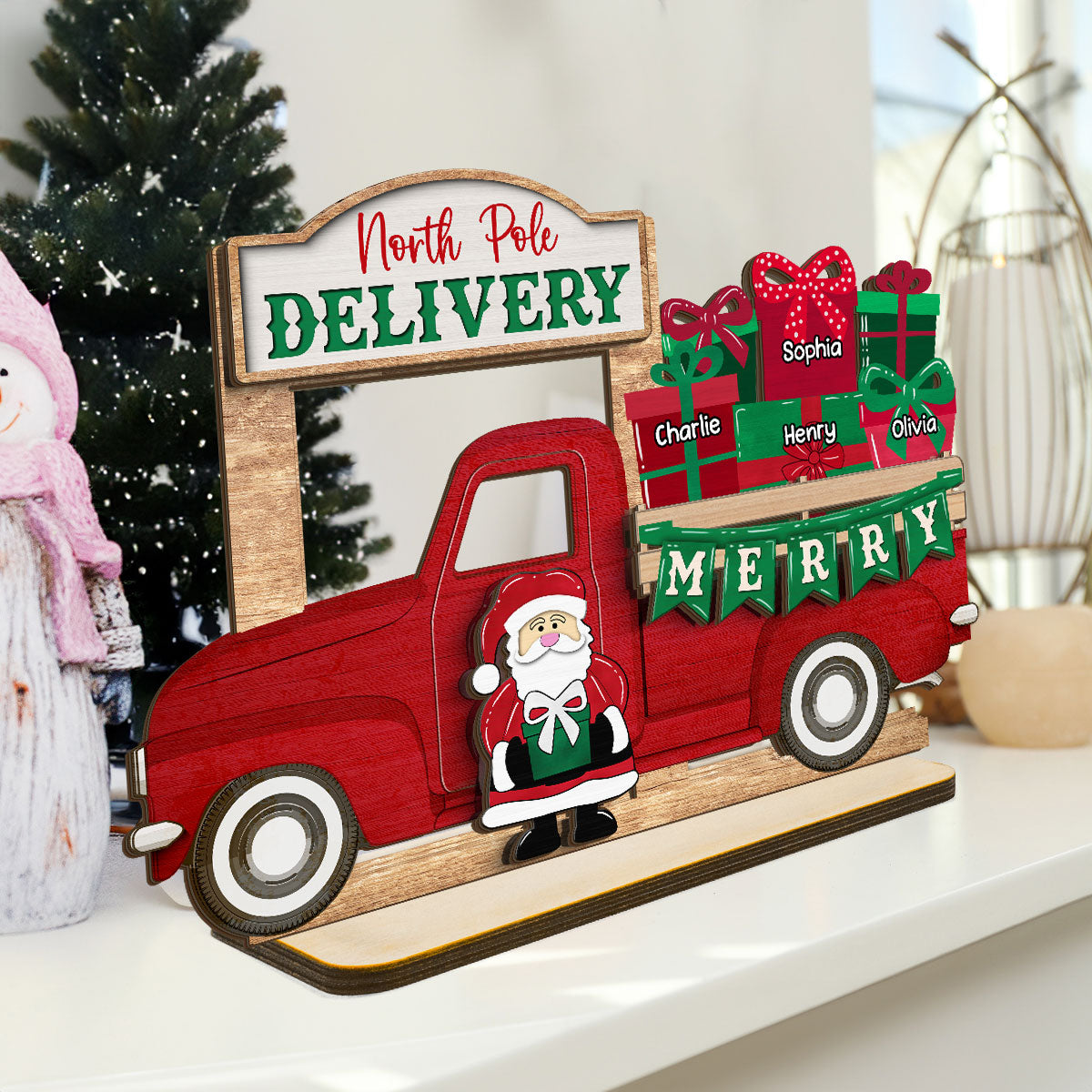 Santa Gifts Christmas Truck Personalized 2-Layer Standing Wooden Plaque, Christmas Decoration, Tiered Tray Decor