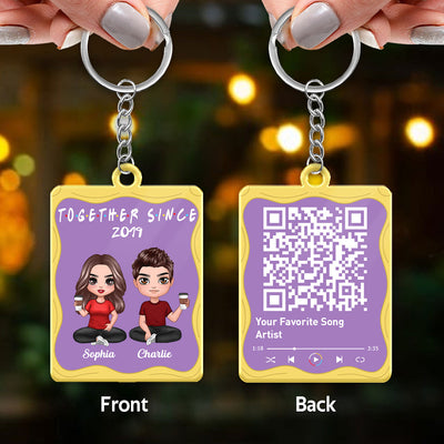 Doll Couple Sitting Purple Yellow Favorite Song Scannable QR Code Personalized Acrylic Keychain