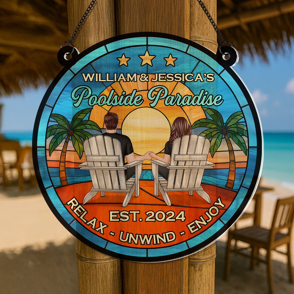 Couple Poolside Backyard Paradise Personalized Acrylic Suncatcher