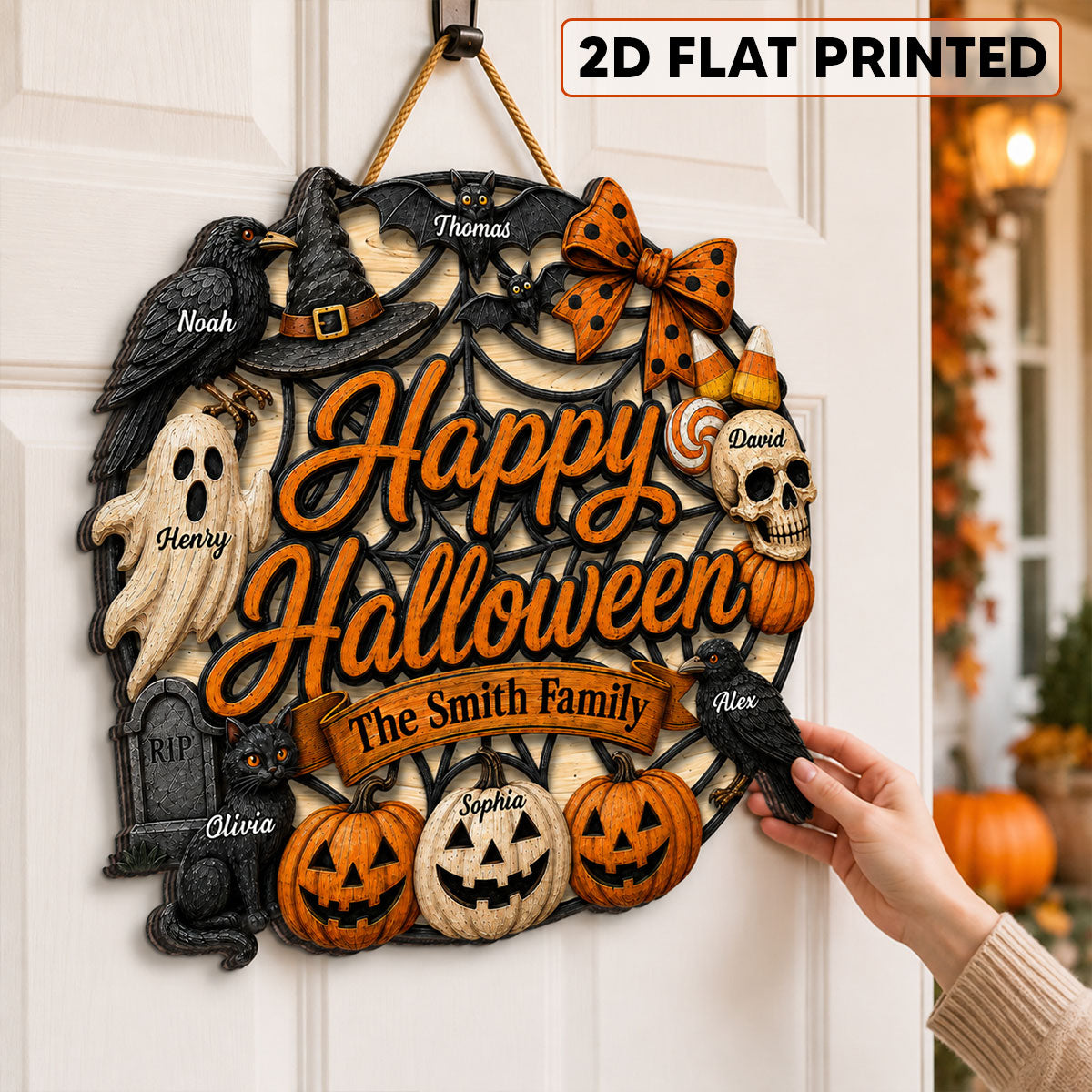 Halloween Wreath Ghost Pumpkin - Personalized Wood Sign - Happy Halloween Sign for Porch Window Door