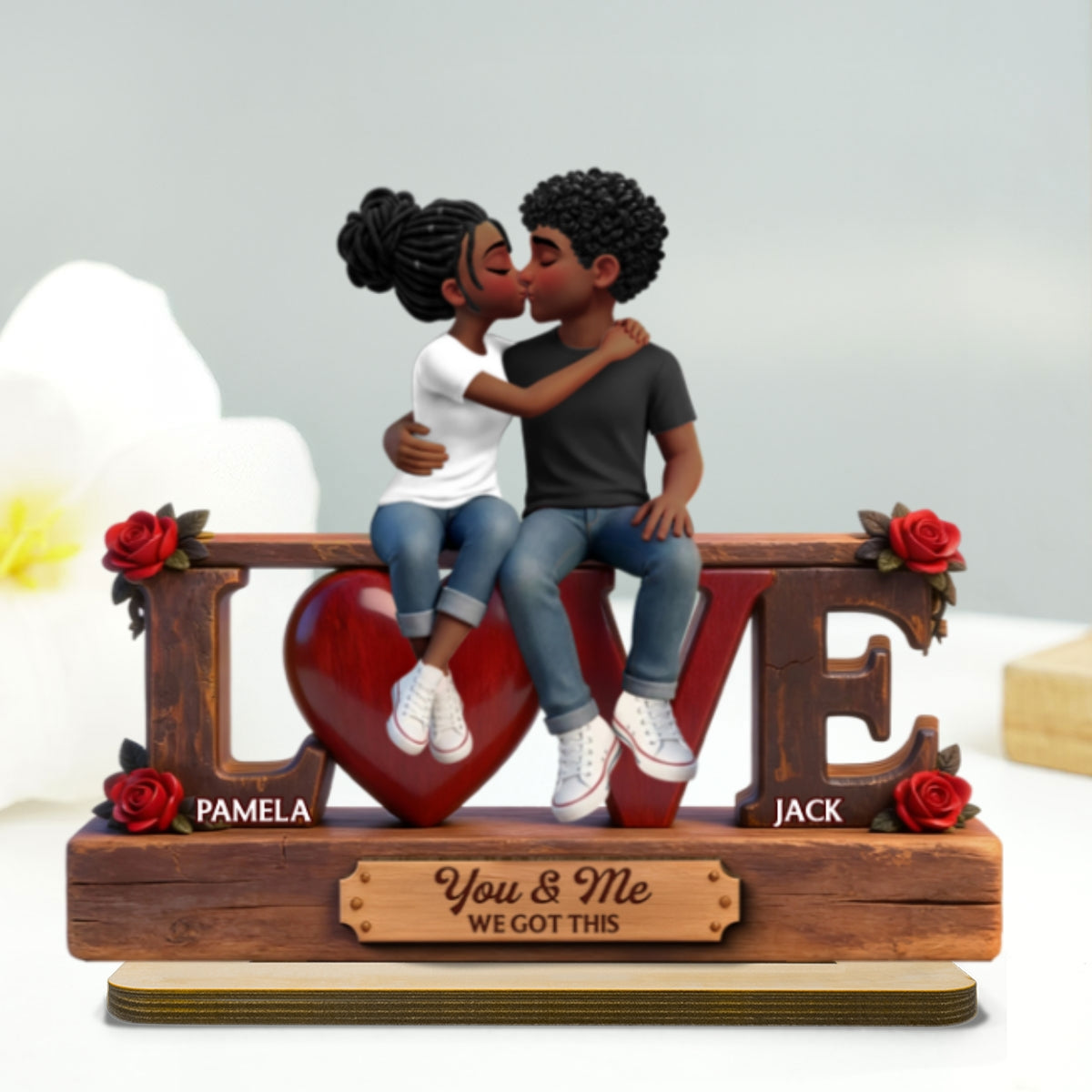 Roses LOVE Couple Sitting Kissing - Personalized 2-Layered Wooden Plaque - Heartfelt Gift For Couple, For Him, For Her