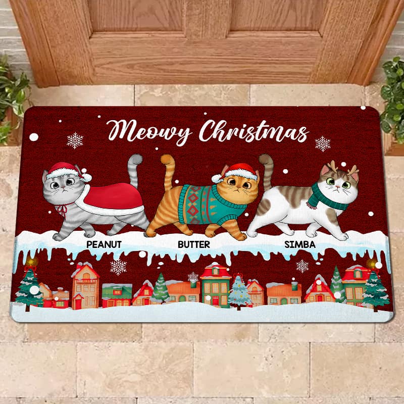 Christmas Fluffy Cats Walking Personalized Doormat