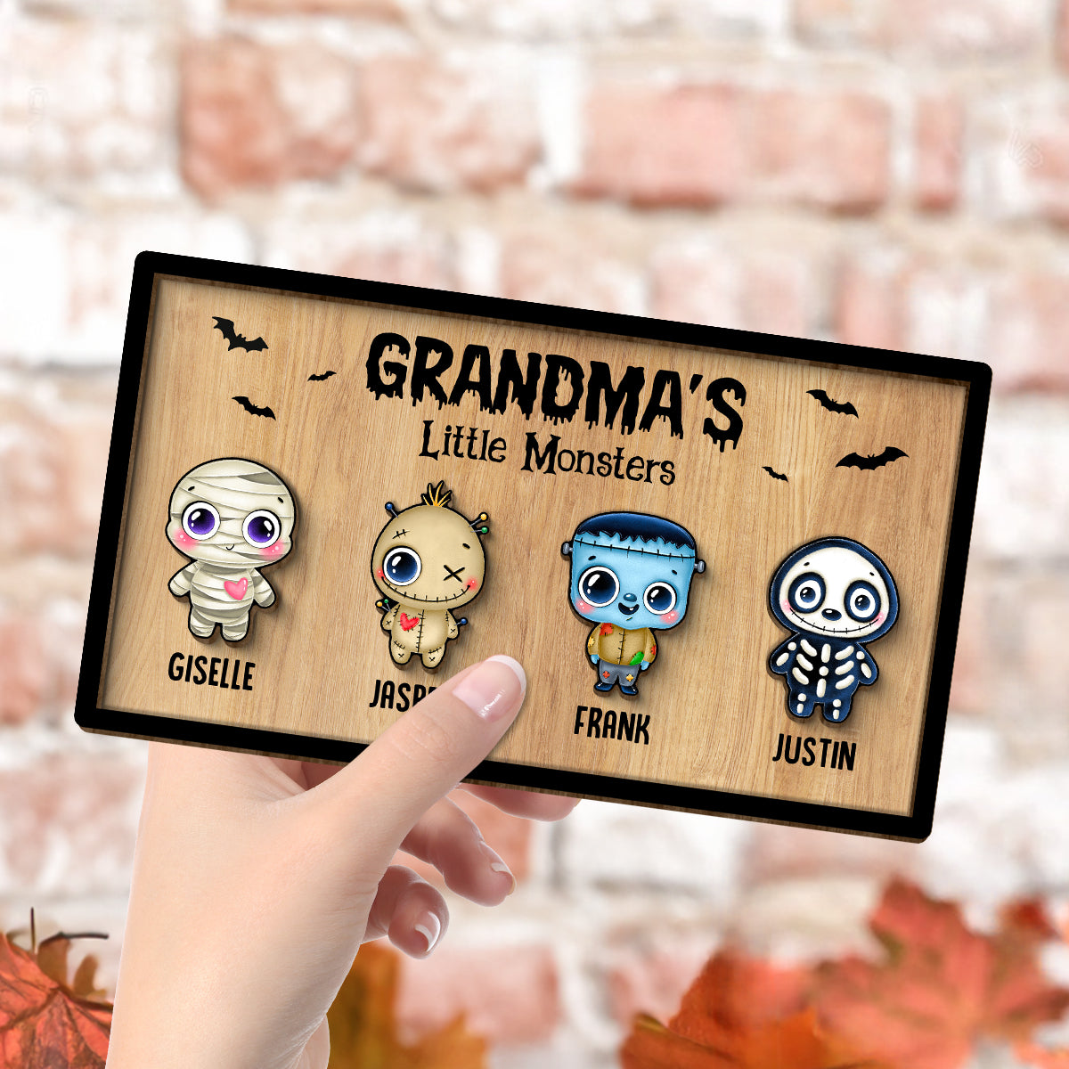 Grandma Mom Little Monsters Personalized 2-Layer Wooden Plaque, Halloween Decor