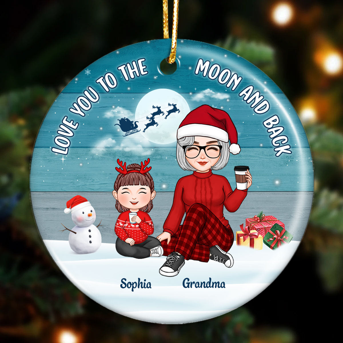 Blue Palette Cute Grandma & Grandkids Sitting On Snow Personalized Circle Ornament