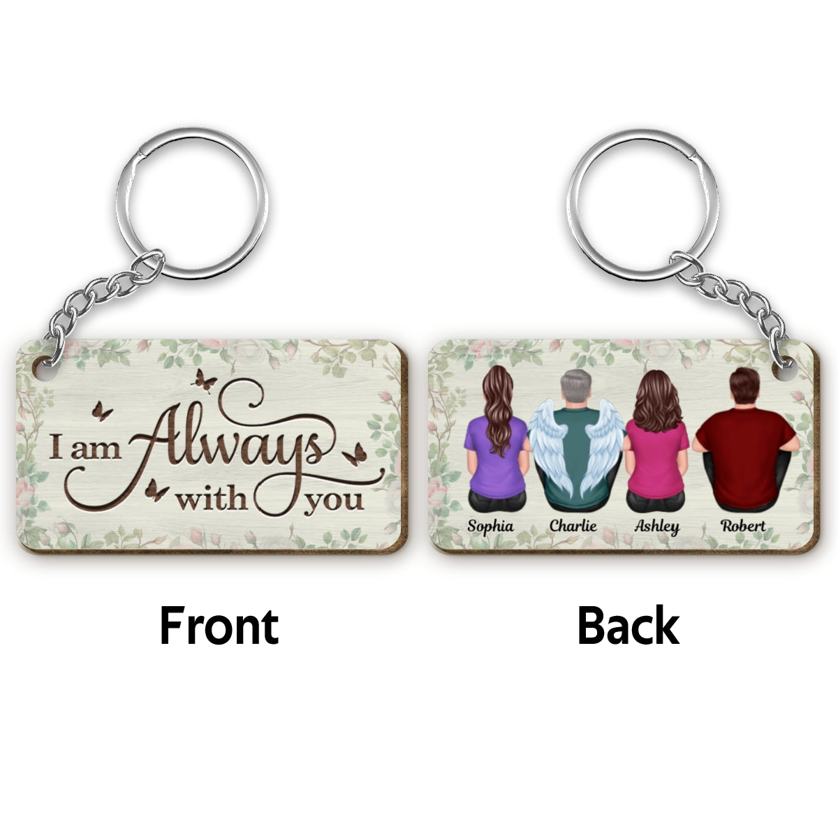 Roses Always With You Whole Family Memorial Remembrance Gift Personalized Wooden Keychain