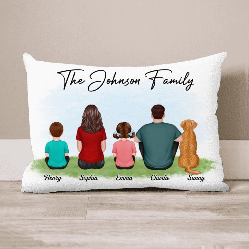 Family Name Family Back View Sitting Kid Dog Cat Personalized Pillow