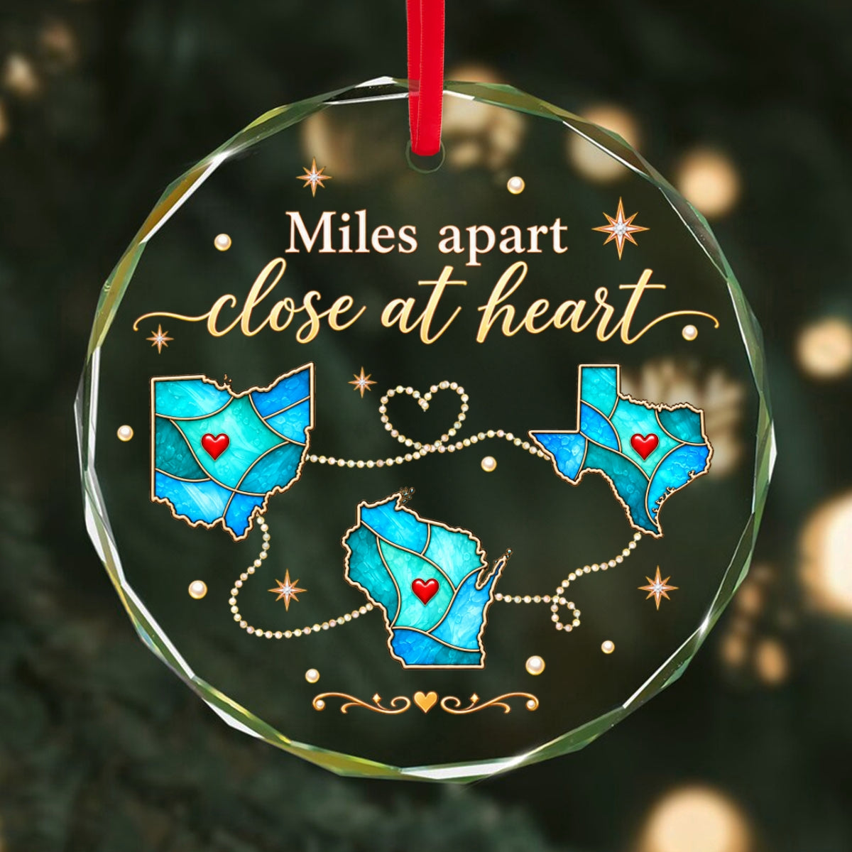 Love Knows No Distance Custom Blue State Maps - Personalized Glass Ornament - Christmas Long Distance Gift For Family, Friends