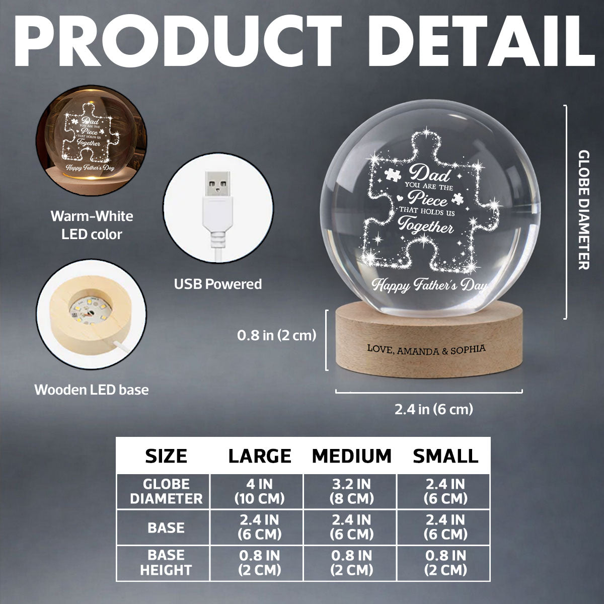 Dad You Are The Piece That Holds Us Together - Personalized Crystal Ball LED Night Light - Father's Day Gift For Dad