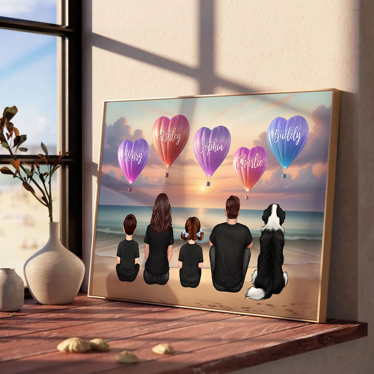Personalized Family Sitting Back View Heart Air Balloons At Beach Poster, Gift for Family, Dad, Mom, Wife, Husband