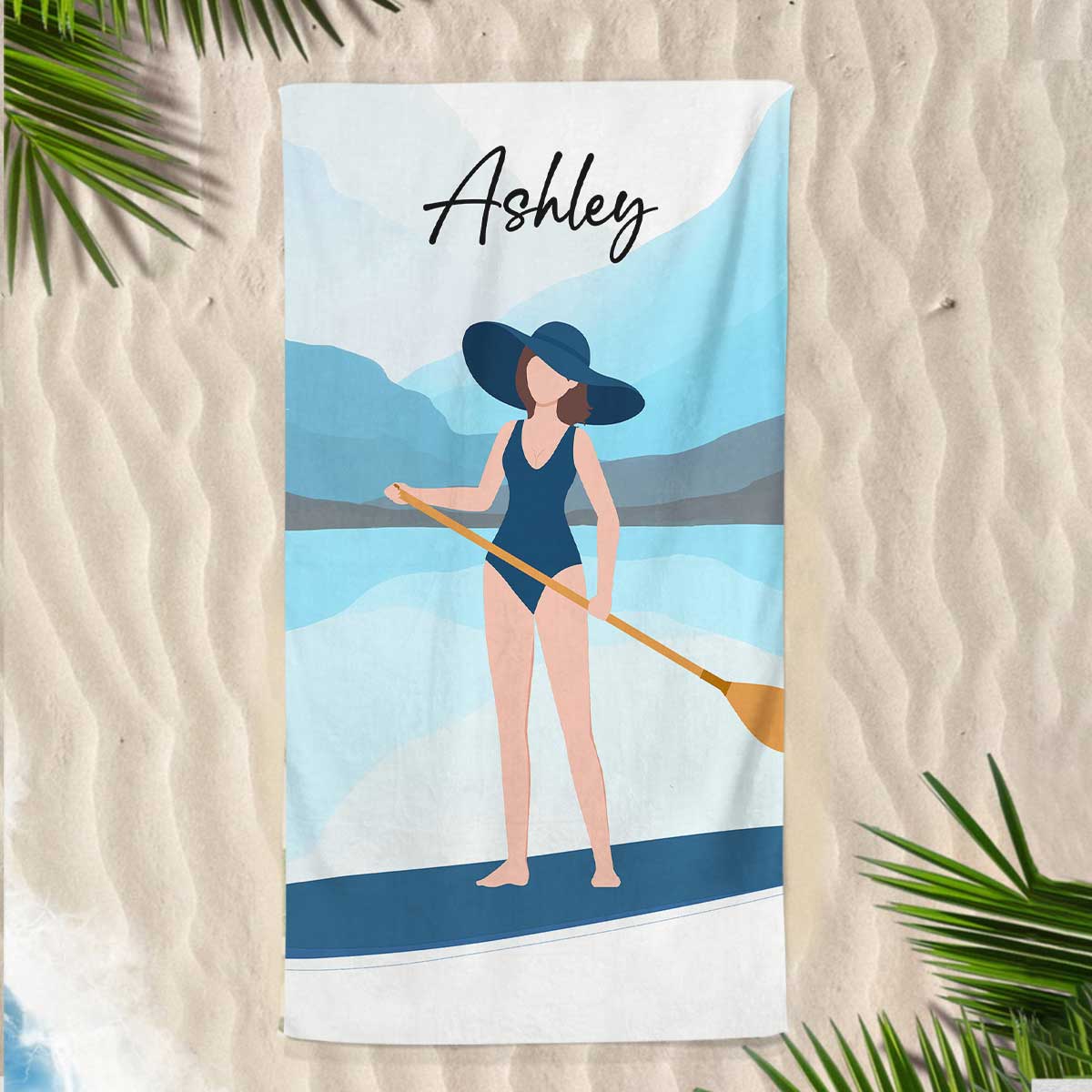 Woman Paddle Boarding Summer Gift Personalized Beach Towel