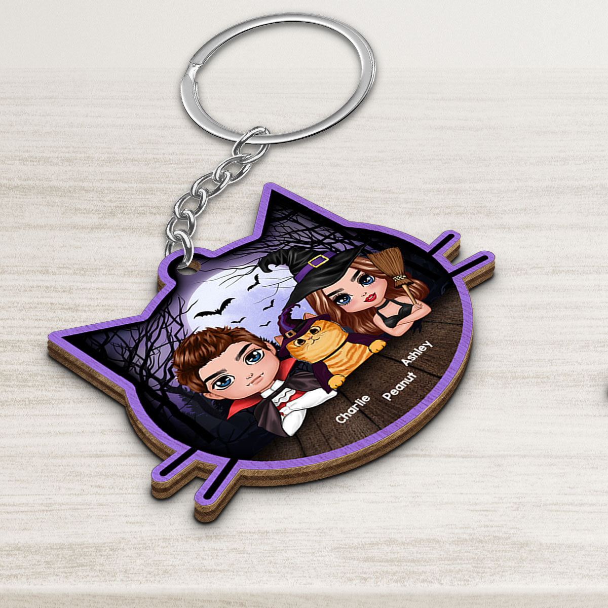 Halloween Couple And Fluffy Cats Cat Face Shape Personalized Wooden Keychain