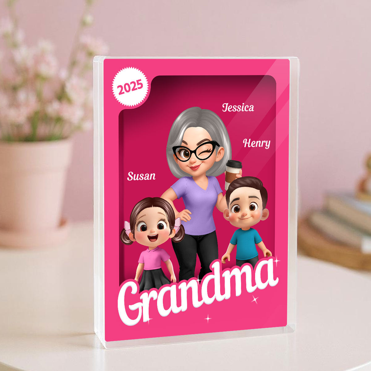 Grandma Grandkids 3D Effect Pink Action Figure Personalized Acrylic Block