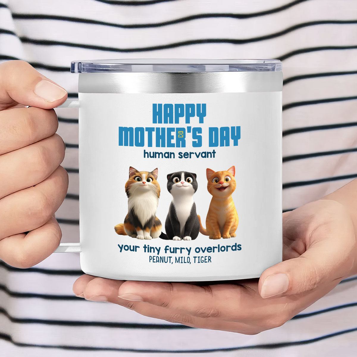 Happy Mother's Day Human Servant Personalized Stainless Steel Tumbler With Handle, Unique Gift for Cat Moms