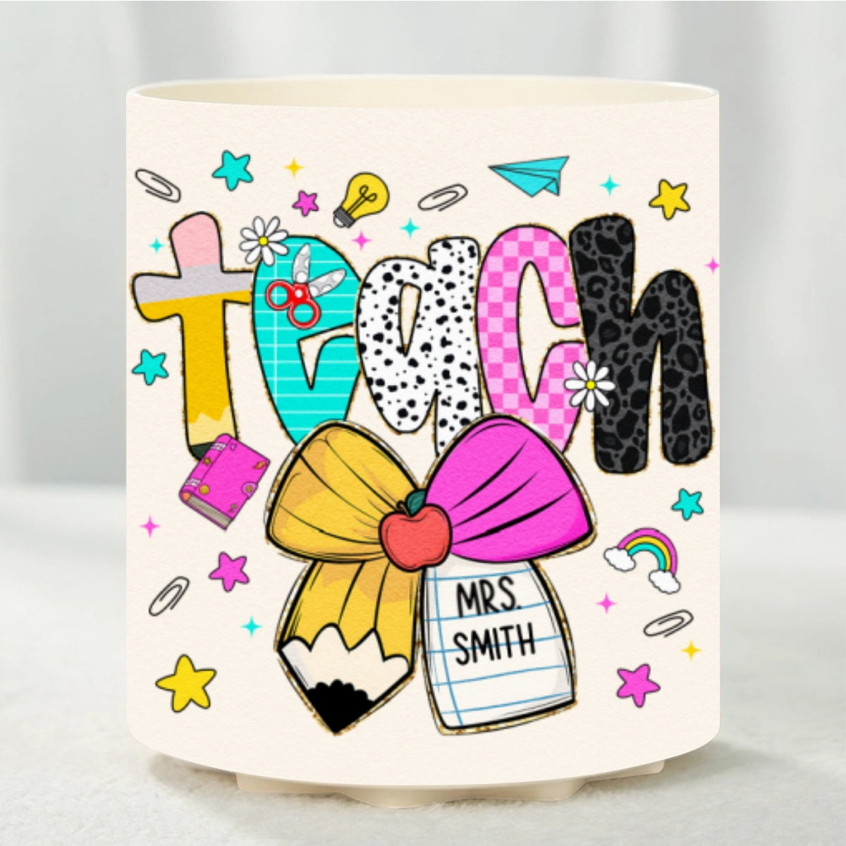 Preppy Teacher Pencil Coquette Bow Doodle Personalized Rotating Pen Holder, Custom Teacher Name, Back to School Gift