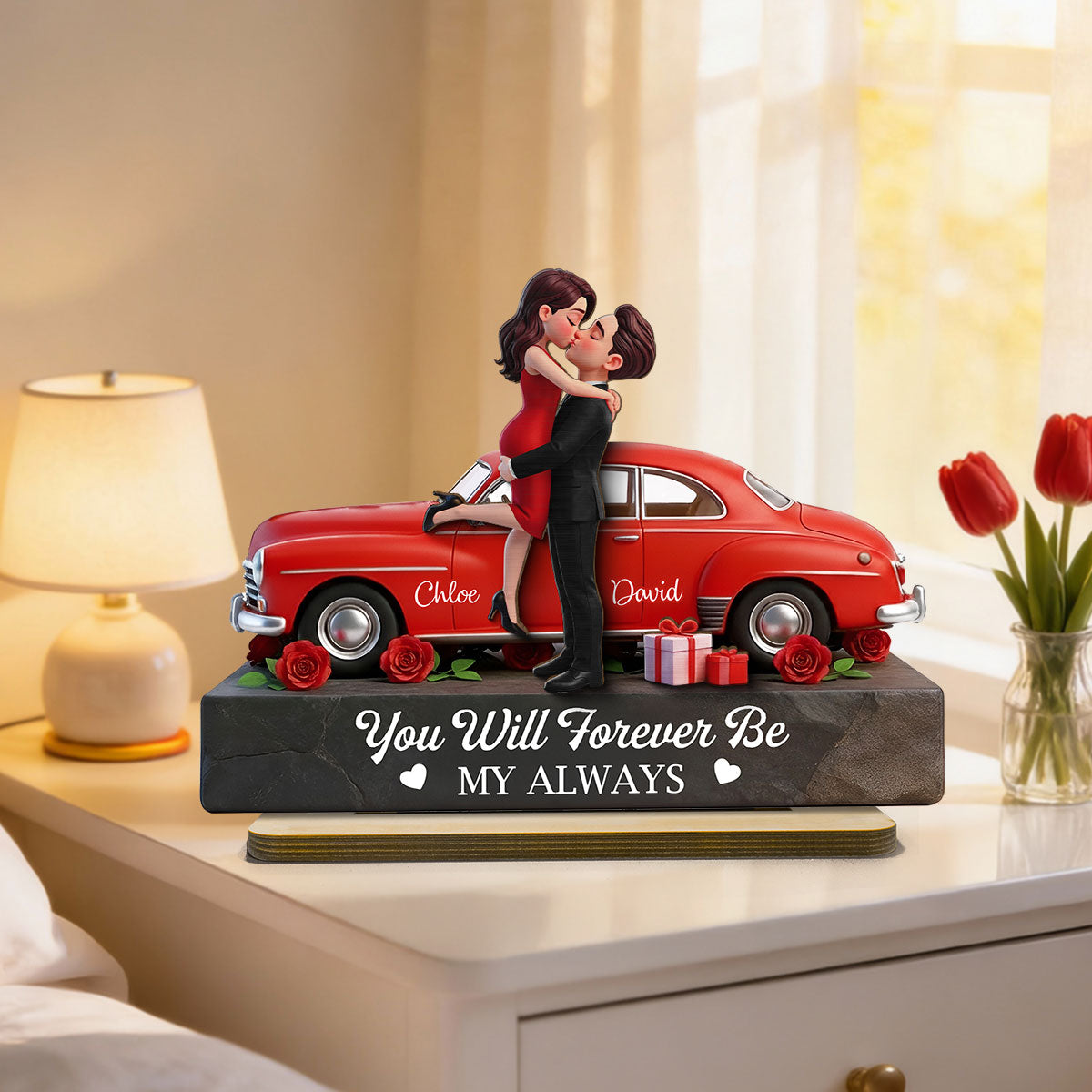 Romantic Couple Hugging Kissing Valentine Car - Personalized 2-Layered Wooden Plaque - Valentine's Day Gift For Couple
