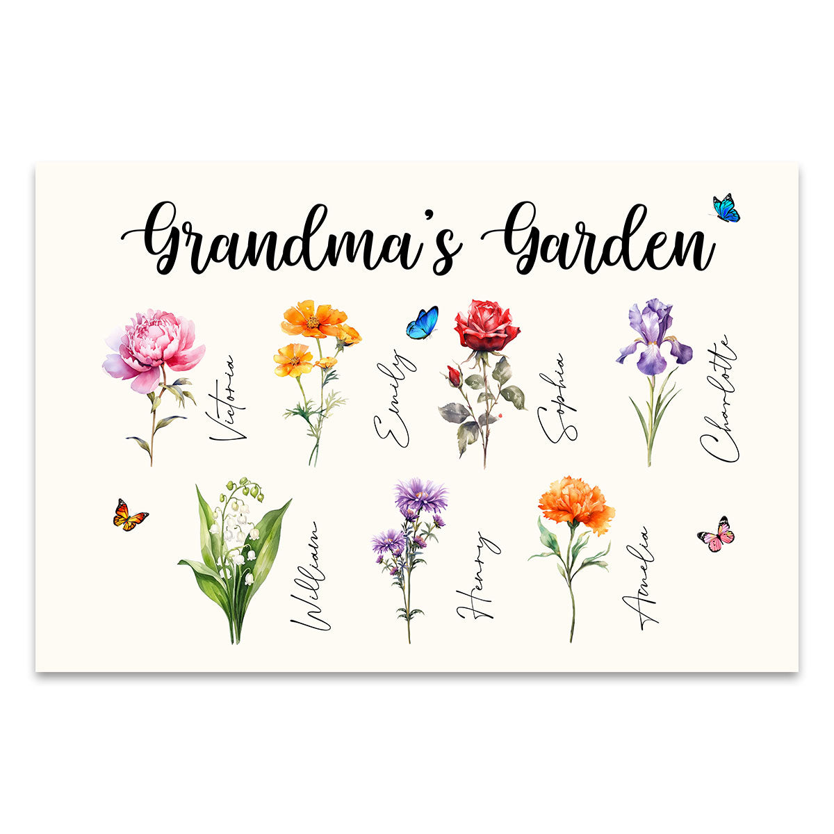 Grandma‘s Garden Beautiful Birth Month Flower With Names Personalized Horizontal Poster