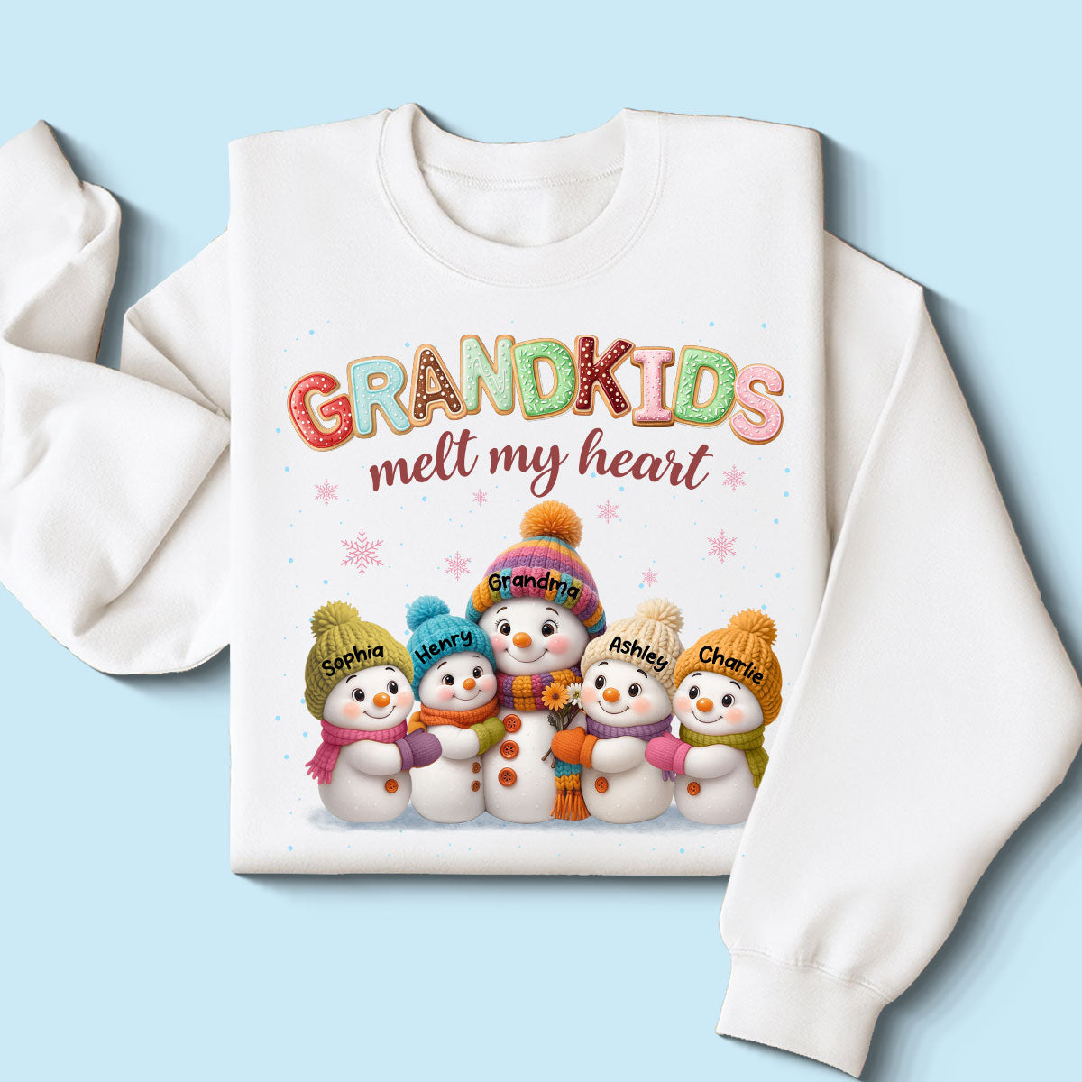 Heartwarming Christmas Snowman Grandma Grandkids Melt My Heart - Personalized Sweatshirt