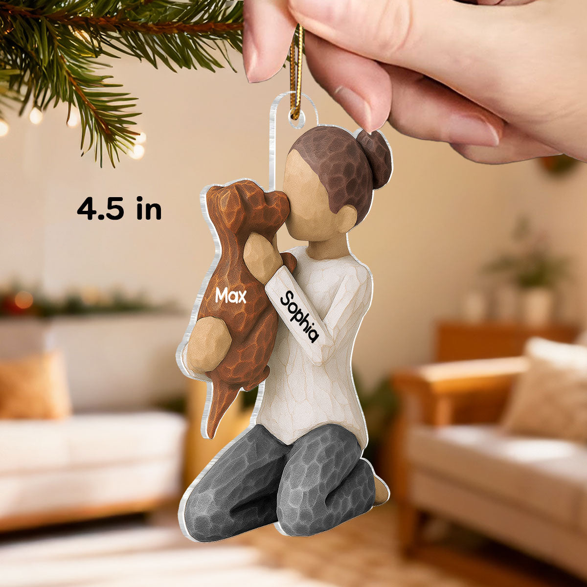 3D Effect Boy Girl Hugging Dog - Personalized Acrylic Ornament - Christmas Gift For Dog Lovers