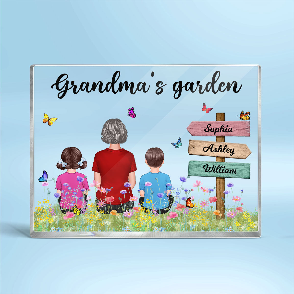 Grandma‘s Garden Back View Woman & Kids Names On Sign Personalized Horizontal Rectangle Acrylic Plaque