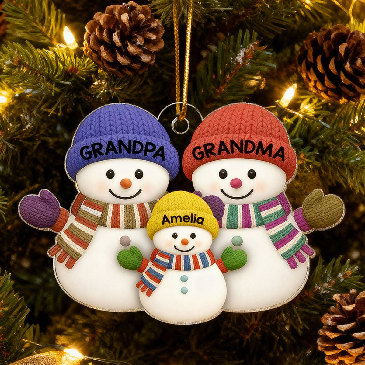 Christmas Grandma Grandpa And Grandkid Snowman Together - Personalized Acrylic Ornament