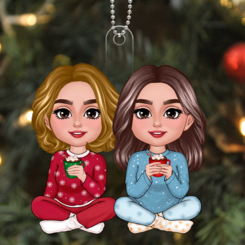 Christmas Doll Besties Sisters Sitting Together Personalized Acrylic Ornament