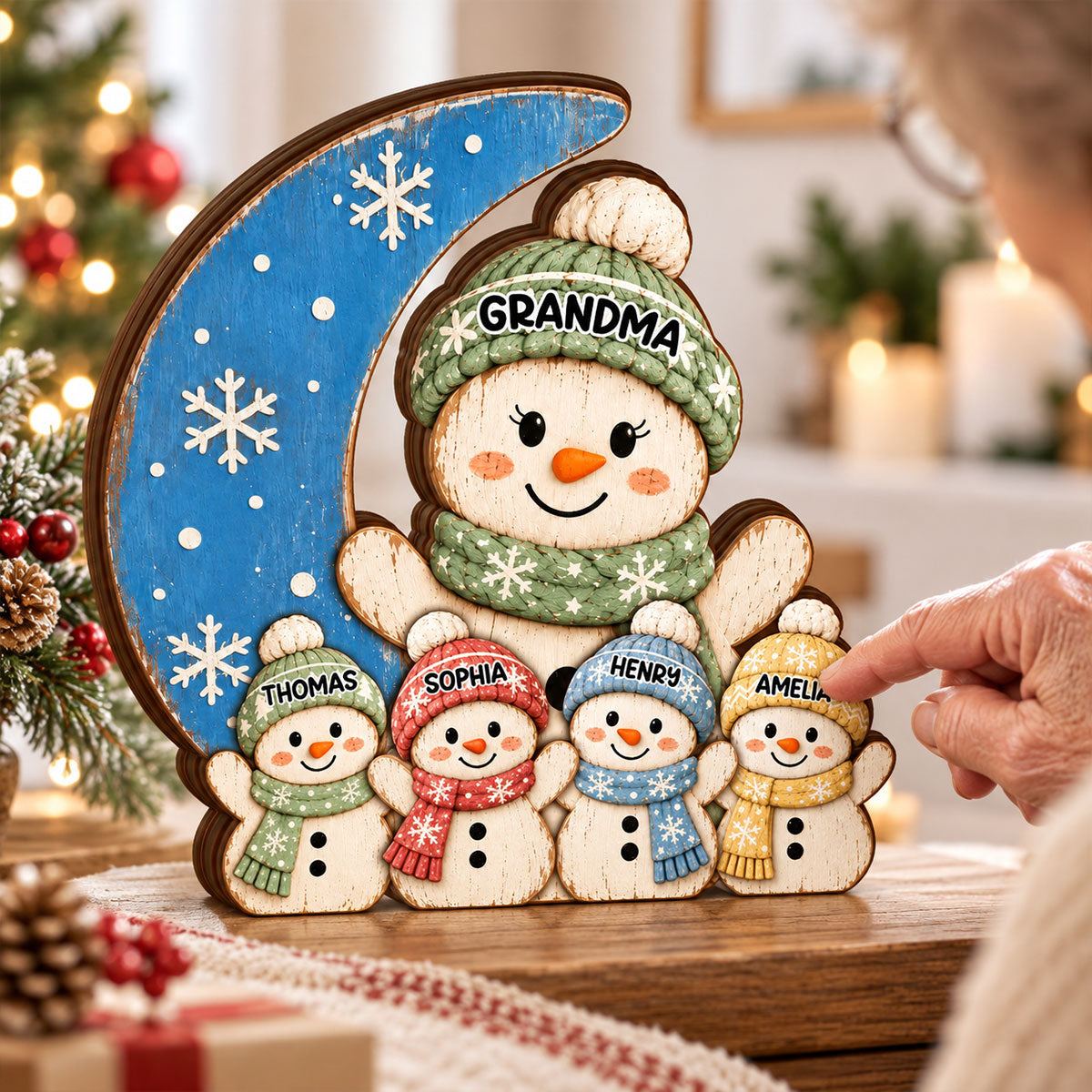 Cozy Rustic Christmas Vibe Grandma Grandkids On Moon - Personalized Wooden Block Plaque - Christmas Decor For Grandparents