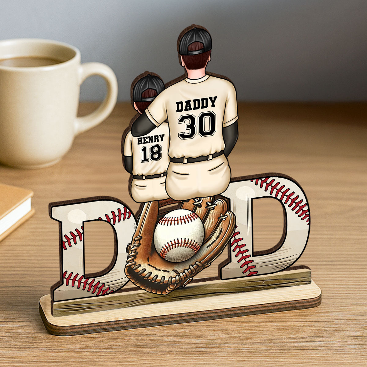 Baseball Softball Dad & Kids Glove Personalized 2-Layer Standing Wooden Plaque,  Gift for Dad, Gift for Husband