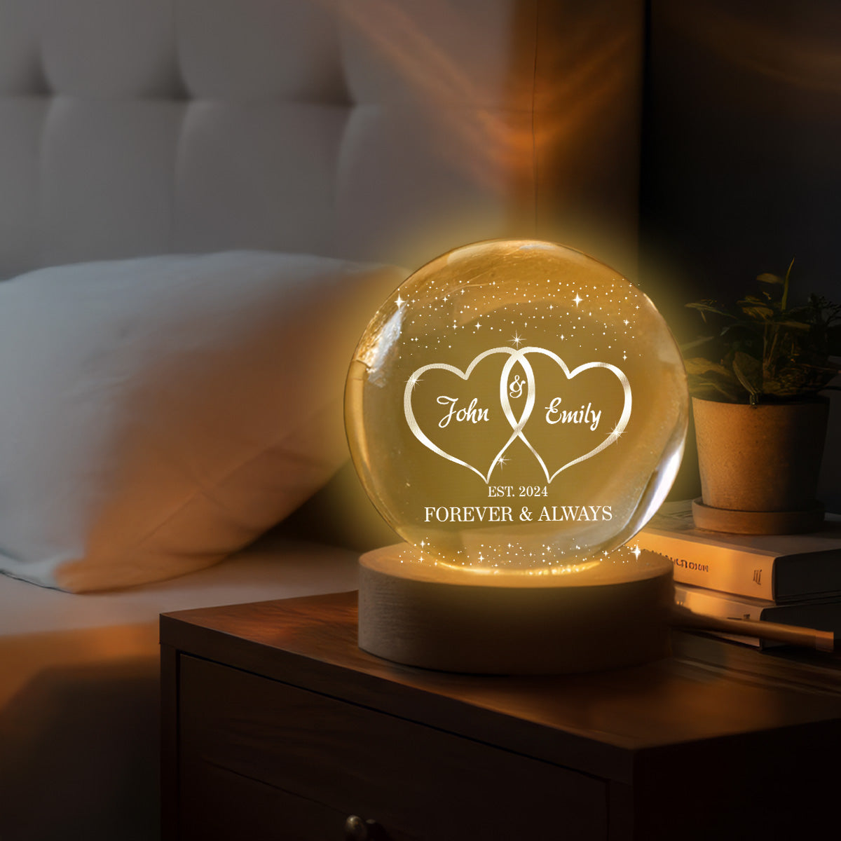 Eternal Love Galaxy Couple Hearts - Personalized Crystal Ball LED Night Light - Valentine's Day Gift For Couple, For Her, For Him