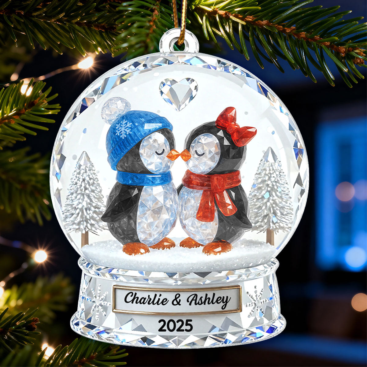 Penguin Couple 3D Crystal Effect - Personalized Acrylic Ornament - Christmas Gift for him, Gift for her
