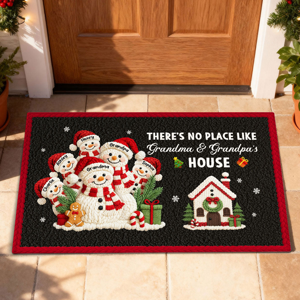 No Place Like Grandma Grandpa Snowman Latch Hook Yarn Faux - Personalized Doormat - Festive Christmas Decor for Grandparents