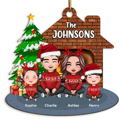 Whole Cute Family Crossed Legs Dad Mom Kid Dog Cat By Christmas Tree In House Personalized Wooden Ornament