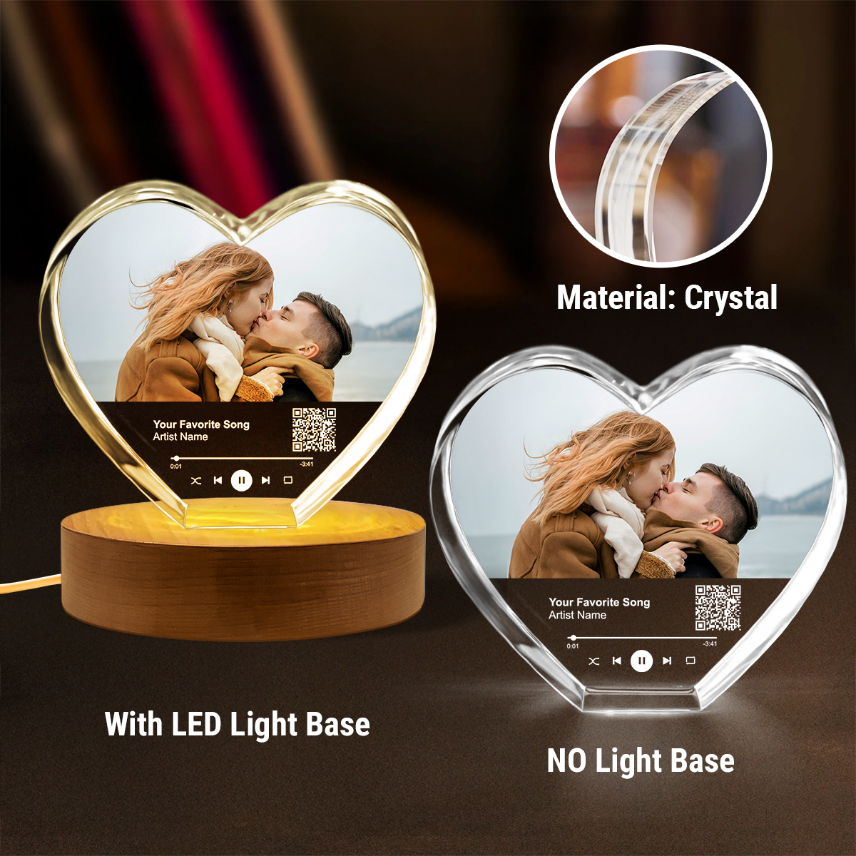 Personalized Music Photo Crystal Heart LED, Valentines Gift, Music Love Gift, Gift for Him, for Her, Free Shipping Included