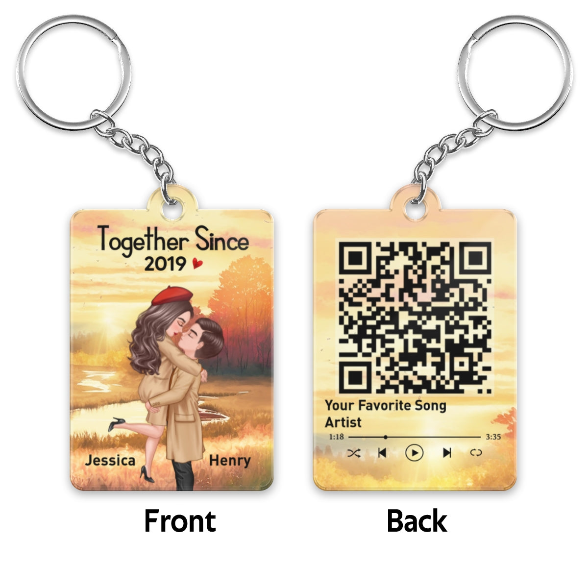 Fall Season Theme Couple Hugging Kissing Favorite Song QR Code Personalized Acrylic Keychain