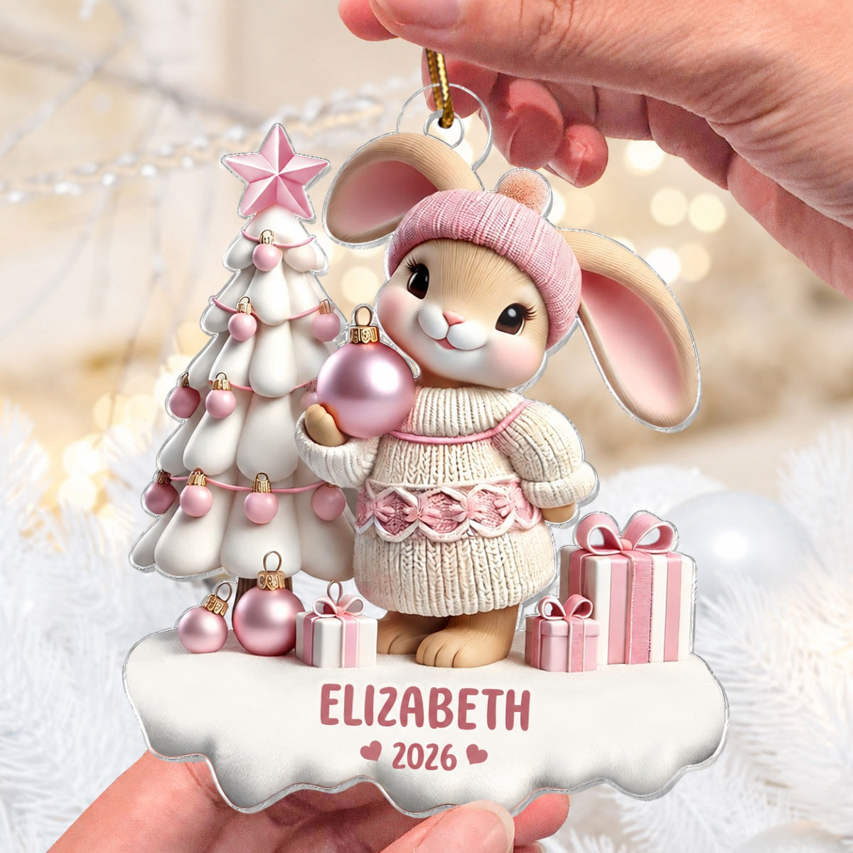 3D Effect Bunny Kid Girl Boy Christmas Personalized Acrylic Ornament, Christmas Gift For Son, Daughter, Grandson, Granddaughter, Children