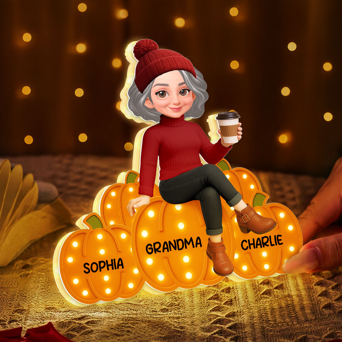 Grandma Mom Sitting On Pumpkins Marquee Pattern Effect Personalized LED Light Box, Cozy Fall Vibe Home Decoration