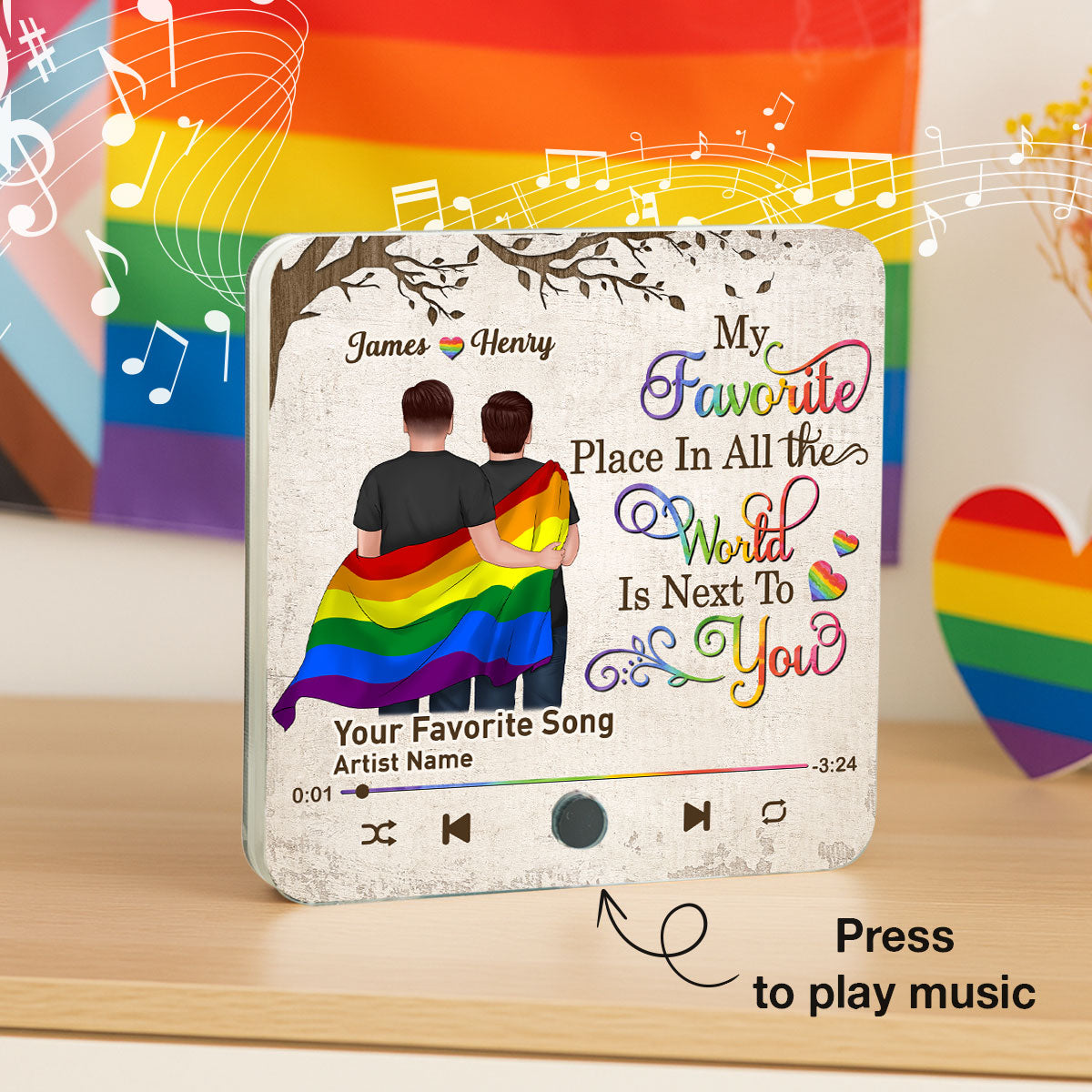 Favorite Place In The World LGBT Couple Standing Back View Personalized Music Fridge Magnet