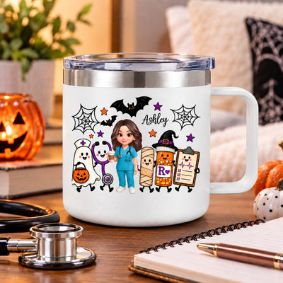 Halloween Cute Nurse Things - Personalized Stainless Steel Tumbler With Handle - Halloween Tumbler For Nurse