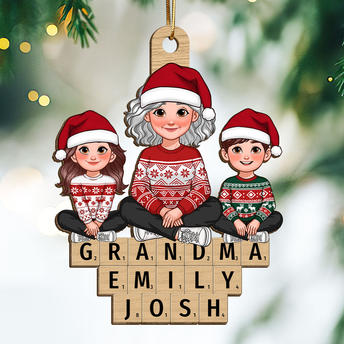 Animated Grandma Grandkids Sitting On Wooden Blocks Personalized Wooden Ornament