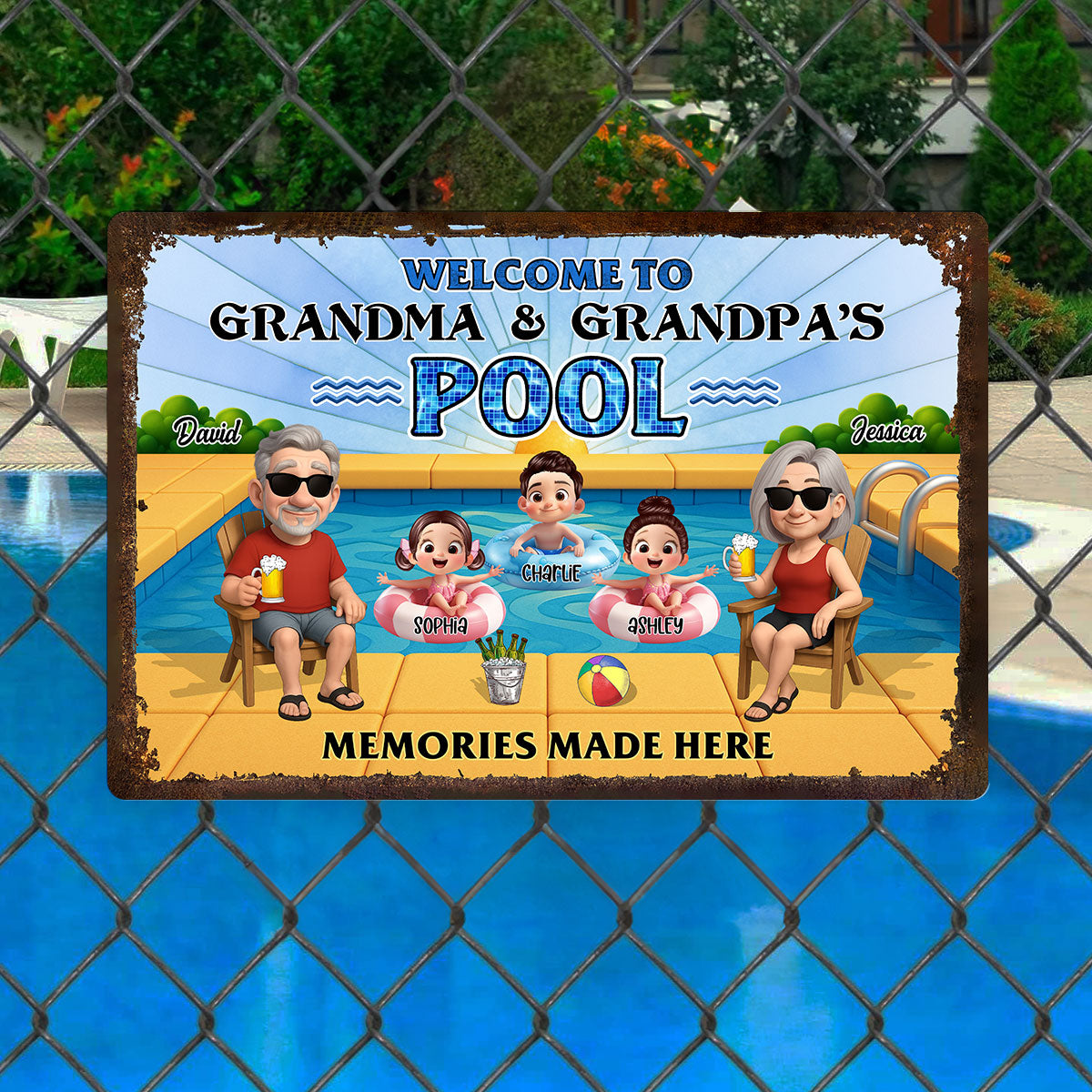 Grandparents Sitting with Grandkids Personalized Metal Sign, Grandparents Hosting Grandkids Summer Swimming Pool Sign