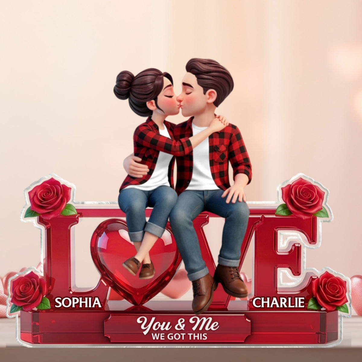 Roses LOVE Couple Sitting Kissing - Personalized Acrylic Block Plaque - Valentine's Day Gift For Couple, For Him, For Her