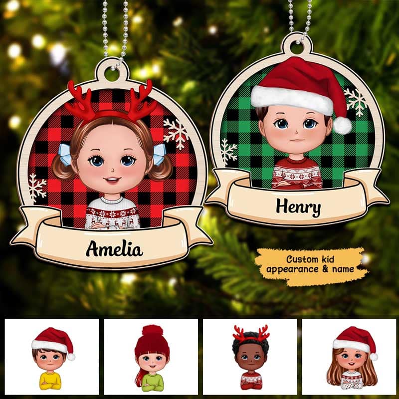 Checkered Pattern Doll Kids Personalized Wooden Ornament
