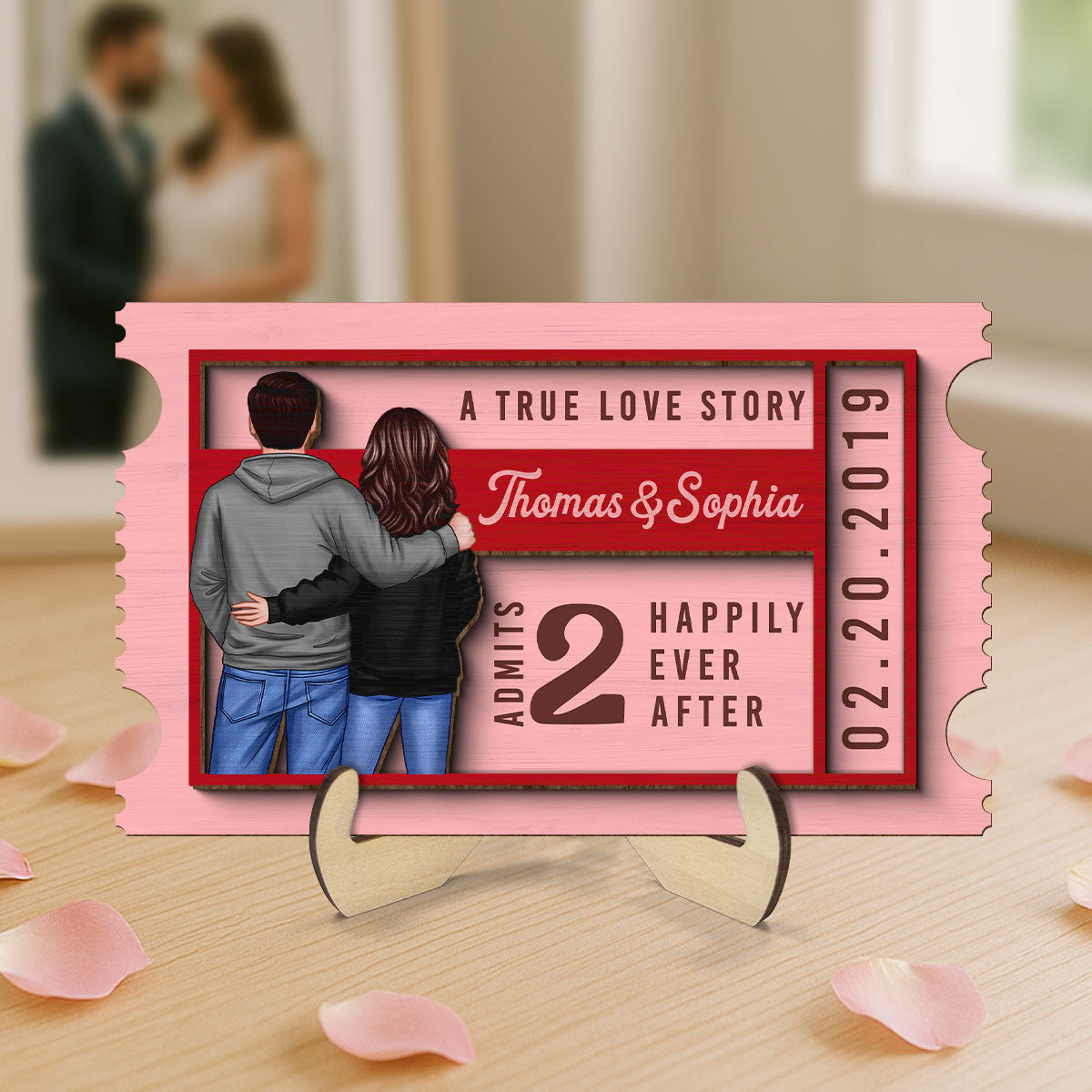 Couple True Love Story Ticket Personalized 2-Layer Wooden Plaque