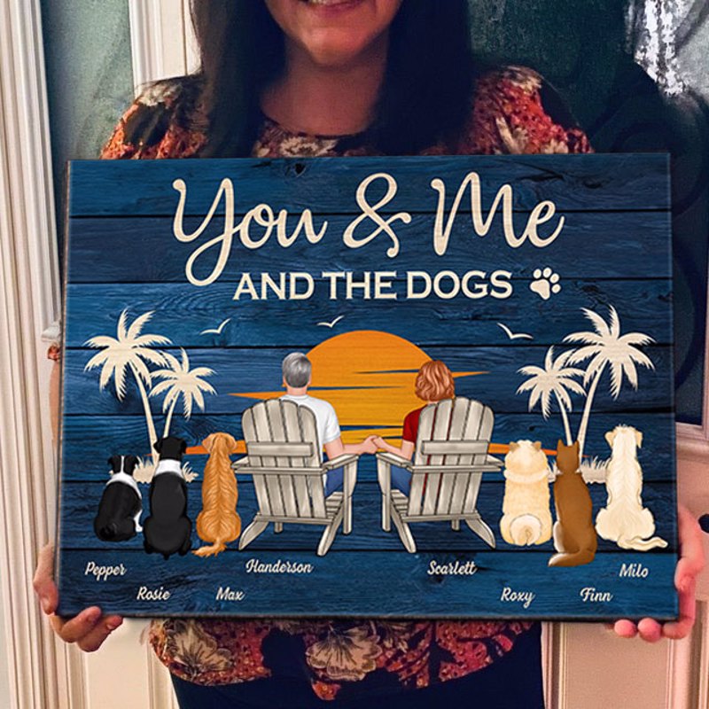 You & Me and The Dogs Couple Sitting Personalized Wood Sign