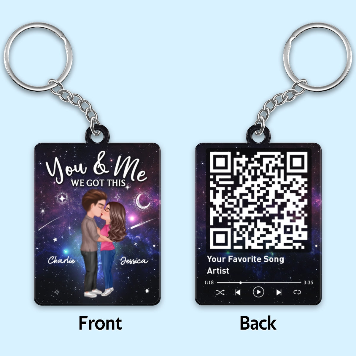 Doll Couple Kissing In Galaxy Night Favorite Song Scannable QR Code Personalized Acrylic Keychain