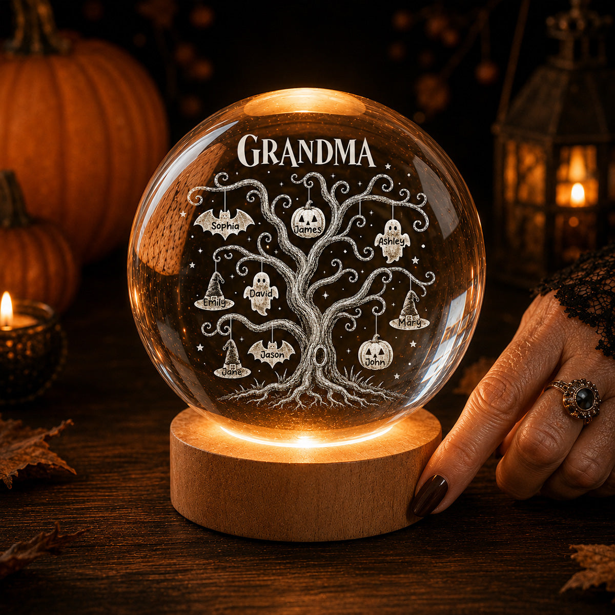 Halloween Tree With Kids Names - Personalized Crystal Ball Night Light - Halloween Gift For Grandma